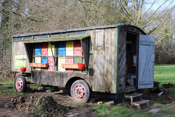 Bauwagen mit bunten Bienenkästen